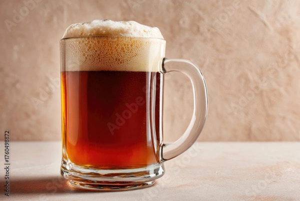 Fototapeta cup full of beer on table against beige background