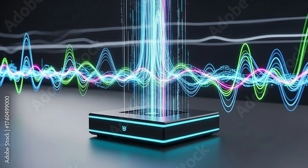 Fototapeta Futuristic glowing blue light beam emanating from a sleek black device against a backdrop of colorful digital sound wave data visualizations