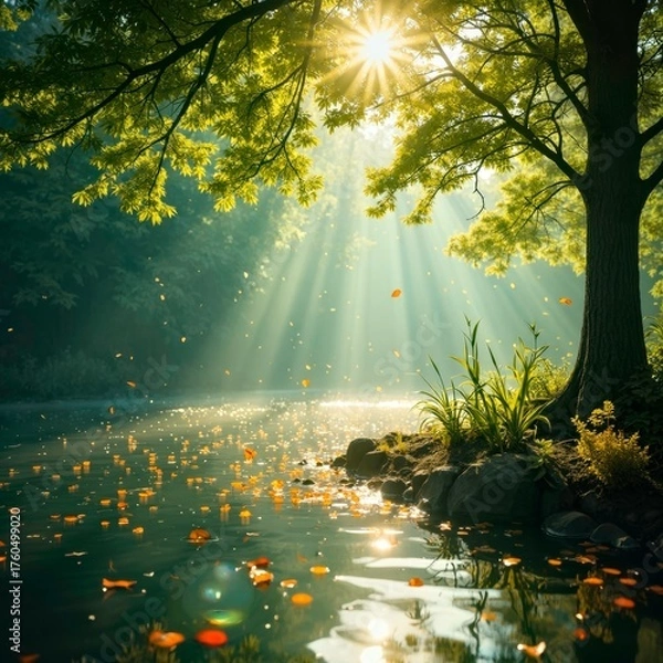 Fototapeta The tranquil water surface bathed in sunlight in the forest