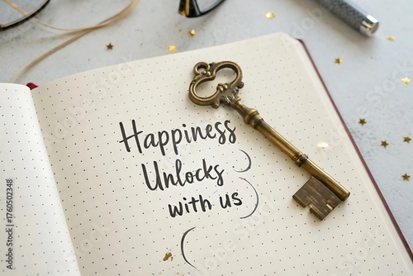 Obraz Golden Key Resting on a Notebook with Motivational Text