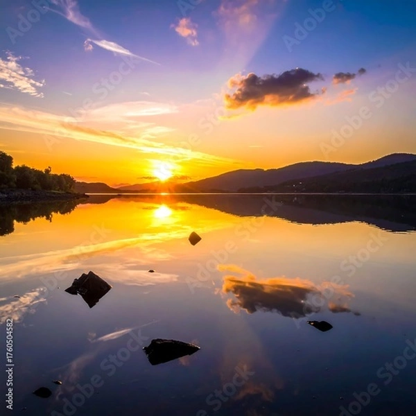 Obraz Golden Hour Reflections - Serene Lake at Sunset.