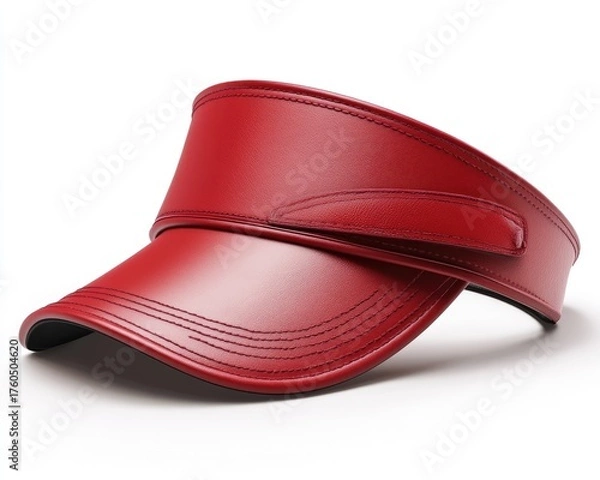Fototapeta Red visor cap, smooth leather-like texture, subtle stitching details