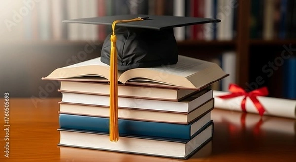 Fototapeta Graduation cap perched atop a stack of academic books with a diploma scroll tied with a red ribbon in the background