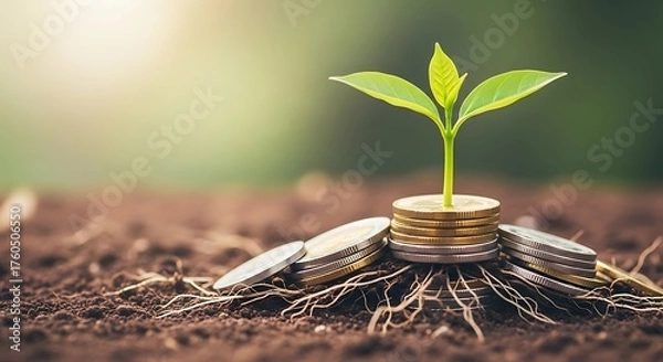 Fototapeta A young green plant sprouts from a pile of coins symbolizing financial growth and investment success in a natural setting