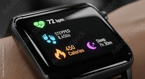 Fototapeta Close up of a modern smartwatch displaying health and fitness data including heart rate steps calories and sleep tracking