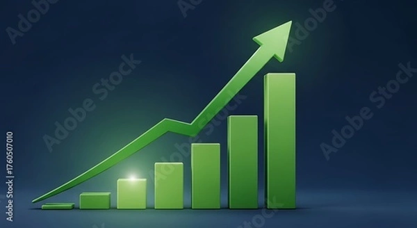 Fototapeta Green upward trending bar chart with a rising arrow symbolizing financial growth and positive business performance on a dark background