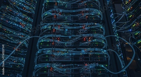 Fototapeta Intricate network of glowing blue and green server racks filled with cables and blinking lights in a dark data center