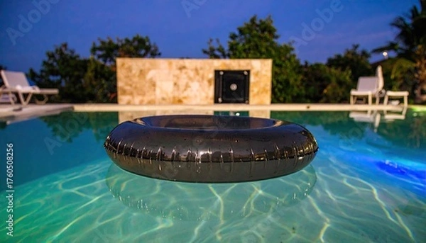 Obraz Black Torus Ring Floating in a Luminous Pool at Night