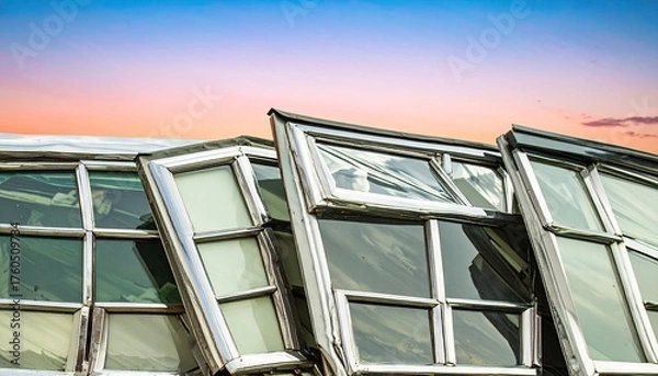 Fototapeta Stacked Retro Windows with Chrome Bevels Against a Sunset Sky