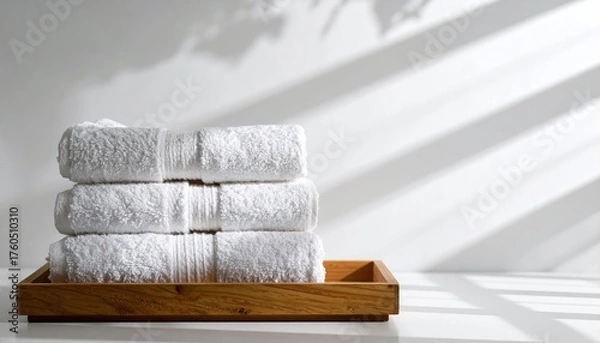 Fototapeta Neat Stack of White Bath Towels on Wooden Tray with Soft Light and Shadows
