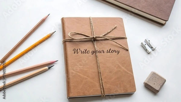 Obraz Overhead photo of a leather journal tied with string