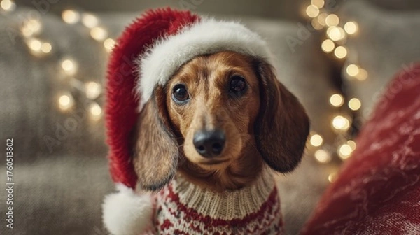Obraz Adorable dachshund puppy wearing a Santa hat and cozy sweater is ready for Christmas cheer, spreading holiday joy and festive spirit with twinkling lights
