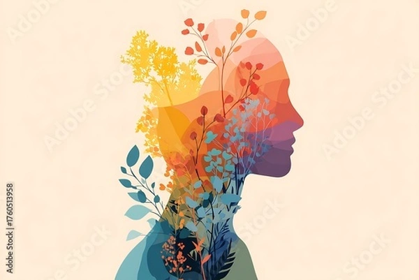 Obraz Silhouette of a Human Head Filled With Nature Illustration