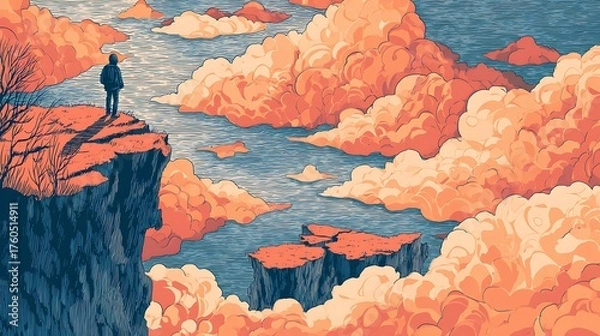 Obraz Whimsical illustration of fluffy orange clouds in sky view