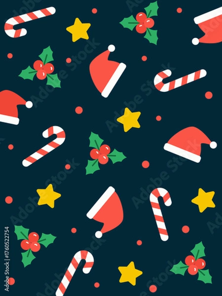 Fototapeta Colorful seamless Christmas pattern with candy canes, mistletoe, Santa hats, and stars on dark blue background. Ideal for party supplies, greeting cards, or festive wrapping paper designs.