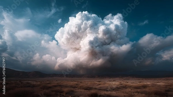 Fototapeta Colossal cloud formation dominates a desolate desert landscape under a dramatic blue sky