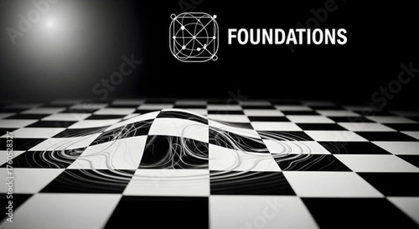 Fototapeta Abstract black and white image of a warped chessboard with the word foundations and a geometric logo, representing concepts of reality, perception, and the underlying structure of existence