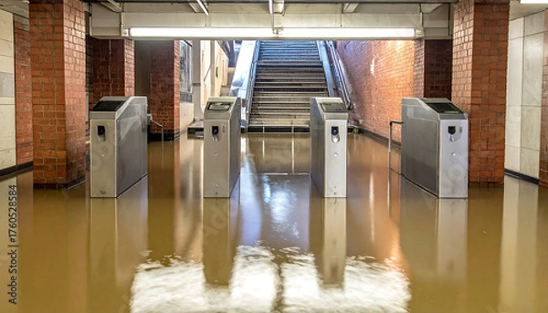 Obraz 洪水で駅の改札口が半ば沈む緊迫した都市水害の現場を捉えた印象的情景