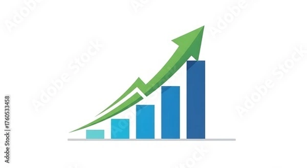 Fototapeta A blue bar chart with an upward curving green arrow symbolizing business growth and financial success.