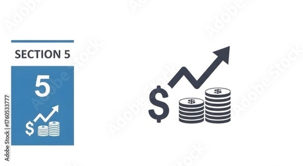 Fototapeta Financial growth concept illustrated with icons of stacked coins, a dollar sign, and an upward trending arrow.
