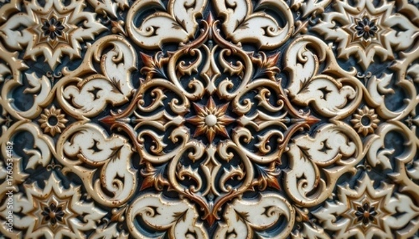 Fototapeta an intricately designed decorative tile panel, showcasing elaborate patterns and floral motifs against a contrasting dark background