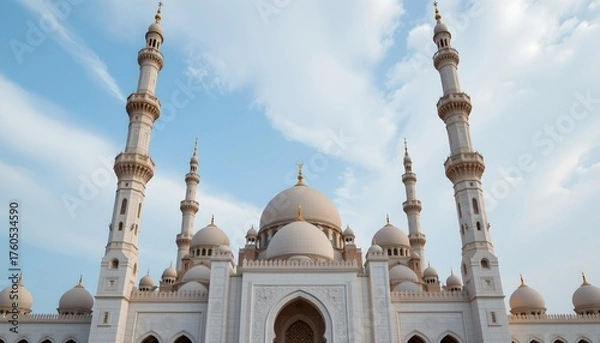 Fototapeta an impressive mosque with multiple domes and towers, set against a clear sky. its architectural details suggest it's a significant place of worship.