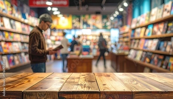 Fototapeta Rustic Wooden Table in a Blurred Bookstore Setting