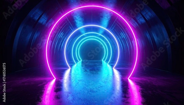 Fototapeta Neon Portal Rings Tunnel: Cyan and Magenta Glowing Circles in Dark Cinematic Setting