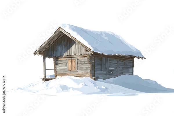 Obraz Wooden barn covered with snow, tranquil winter countryside illustration.