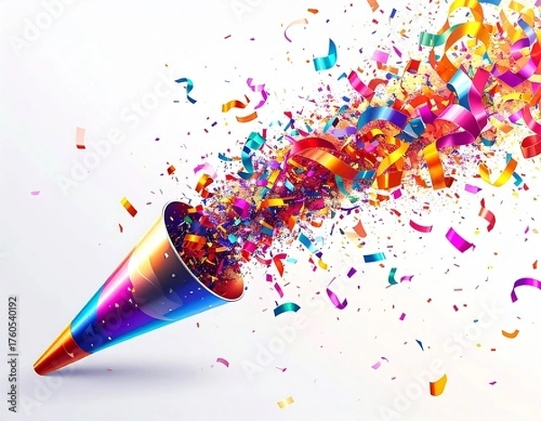 Fototapeta Confetti bursting from a colorful party popper on white background