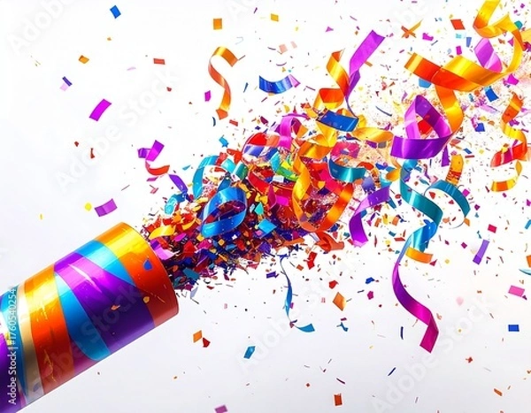 Fototapeta Confetti bursting from a colorful party popper on white background