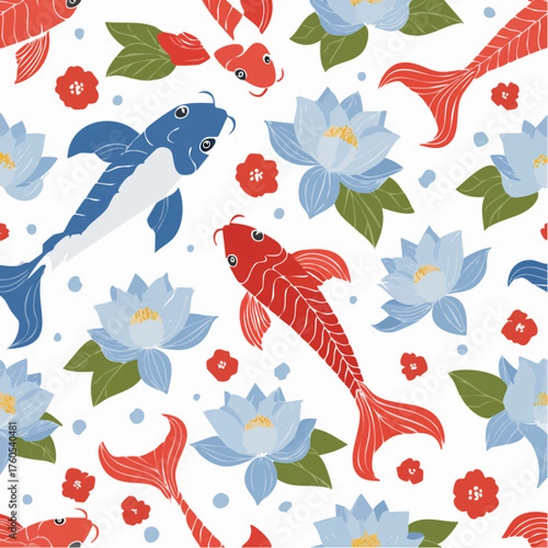 Fototapeta Koi Fish and Lotus Flower Pattern: Elegant Red and Blue Japanese Inspired Design Symbolizing Harmony, Peace, and Prosperity in Nature koi

