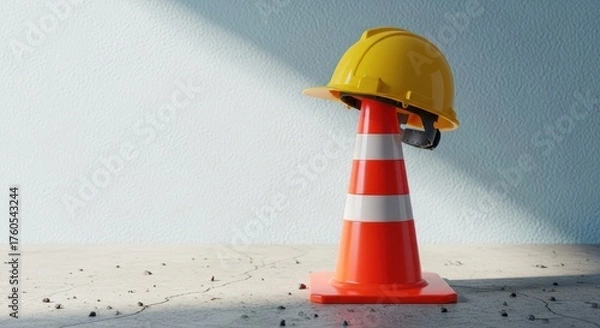 Obraz A construction helmet sitting on an orange safety cone