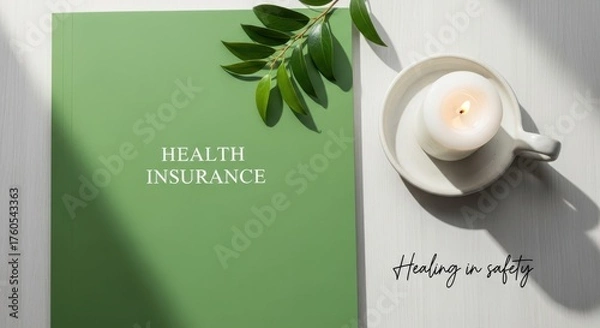 Fototapeta A green background with health insurance text and a candle