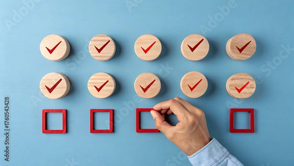 Fototapeta Hand completing a checklist with wooden circles and red check marks, placing a red square to signify completion on a blue textured background