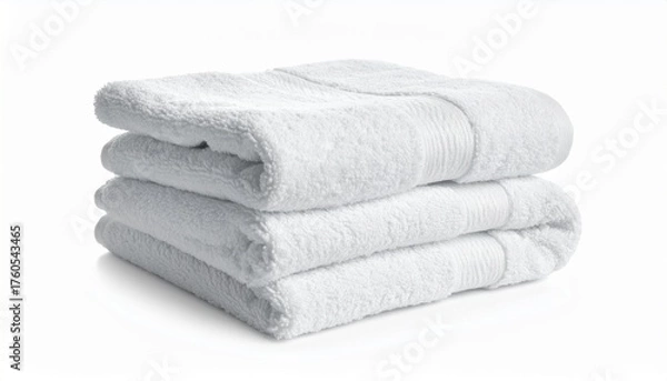 Fototapeta Stack of clean white fluffy towels, isolated on a white background. Perfect for spa, hotel, and bathroom concepts.