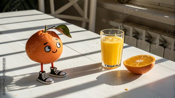 Fototapeta Whimsical orange character with googly eyes and sneakers standing next to a glass of fresh orange juice on a white table in bright sunlight