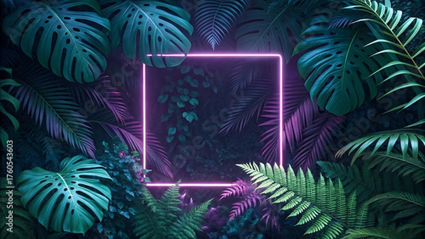 Fototapeta Neon square frame surrounded by lush tropical foliage with monstera leaves and ferns, creating a vibrant and mysterious jungle atmosphere