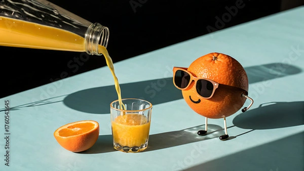 Fototapeta Cool orange character with sunglasses getting a pour of fresh orange juice into a glass on a blue table, with a half orange nearby