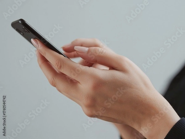 Obraz 両手でスマートフォンを操作する若い女性の手元（左向き）
