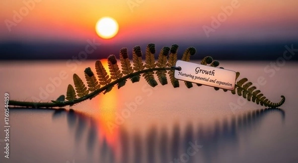 Fototapeta Fern with Growth tag illuminated by a beautiful sunset