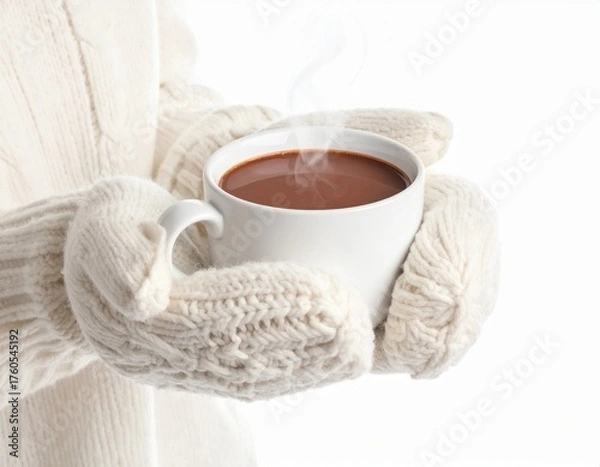 Fototapeta Close-up of hands wearing mittens holding a warm cocoa mug on white background