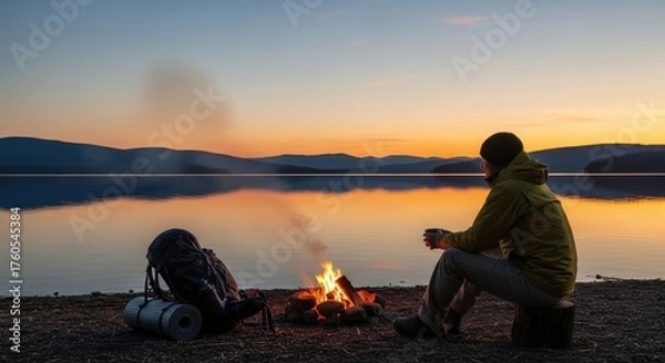 Obraz Person enjoying sunset view near lake by campfire