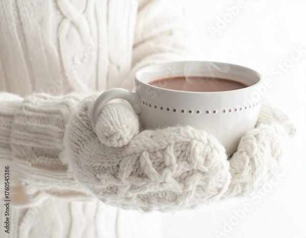 Fototapeta Close-up of hands wearing mittens holding a warm cocoa mug on white background