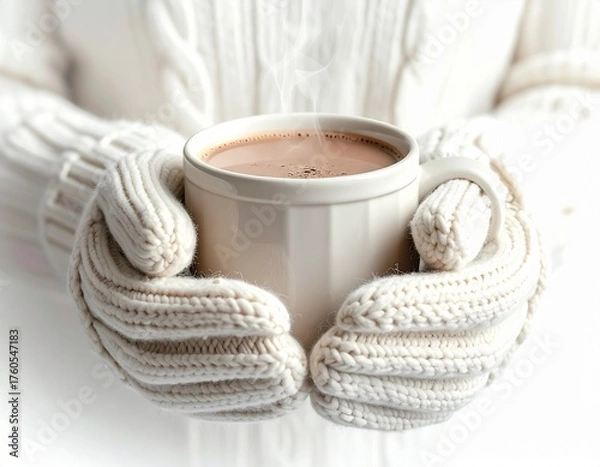 Fototapeta Close-up of hands wearing mittens holding a warm cocoa mug on white background
