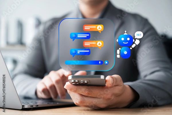 Fototapeta AI chatbot virtual assistant for business communication, businessman using smart communication with artificial intelligence, online support and customer service tools, digital services.
