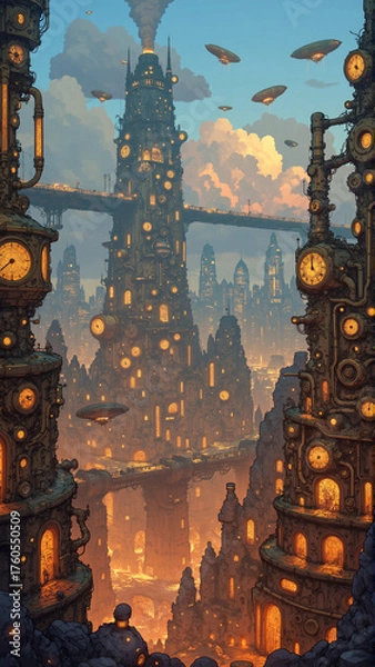 Fototapeta Futuristic Victorian Steampunk Metropolis at Dusk