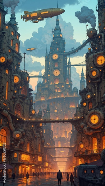 Fototapeta Industrial Fantasy Metropolis with Retro Technology