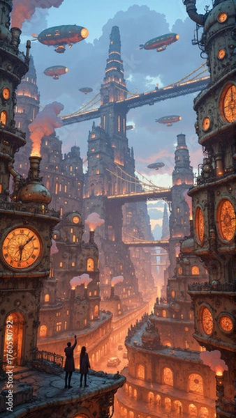 Fototapeta Atmospheric Steampunk Architecture with Clockwork Design