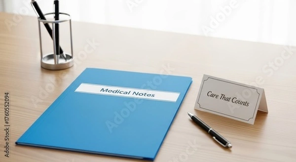 Fototapeta Medical notes and document folder on wooden desk